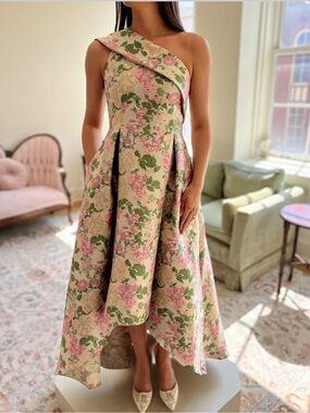 Adrianna Papp- Asymmetric One-Shoulder Floral Midi Dress in Pink and Green